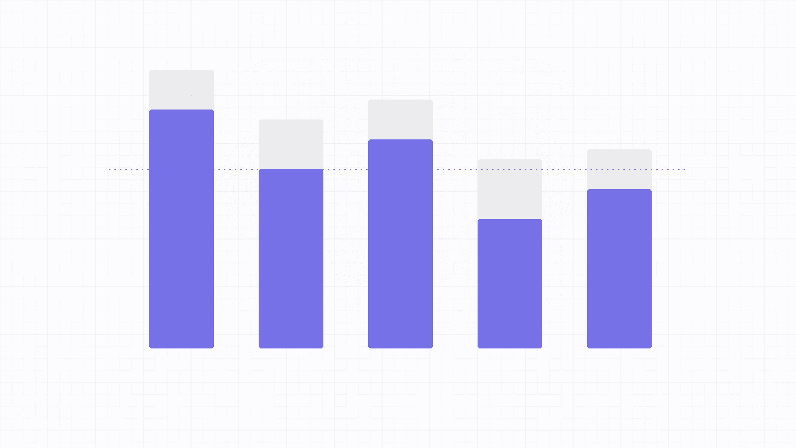 An abstract geometric banner of indigo bars descending in height toward a dashed horizontal target line