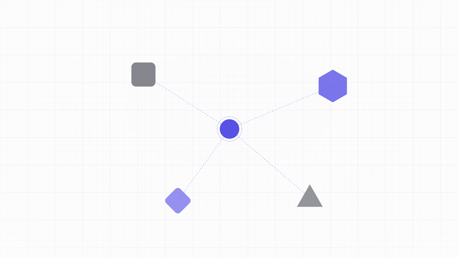 An abstract geometric banner of a central indigo node radiating dashed lines to four distinct platform-shaped nodes