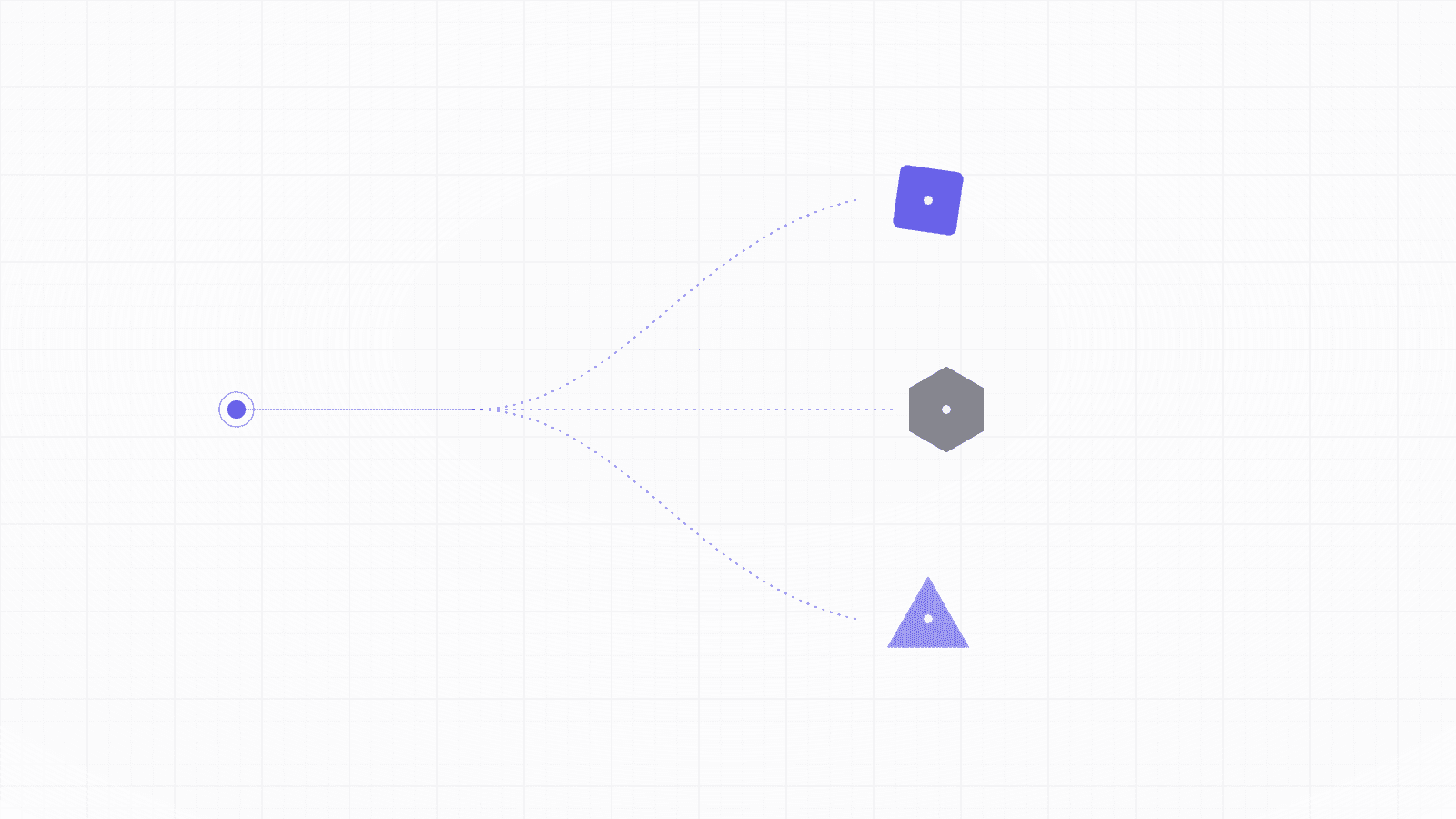 An abstract geometric banner showing a single node forking into three distinct shapes — a square, a hexagon, and a triangle