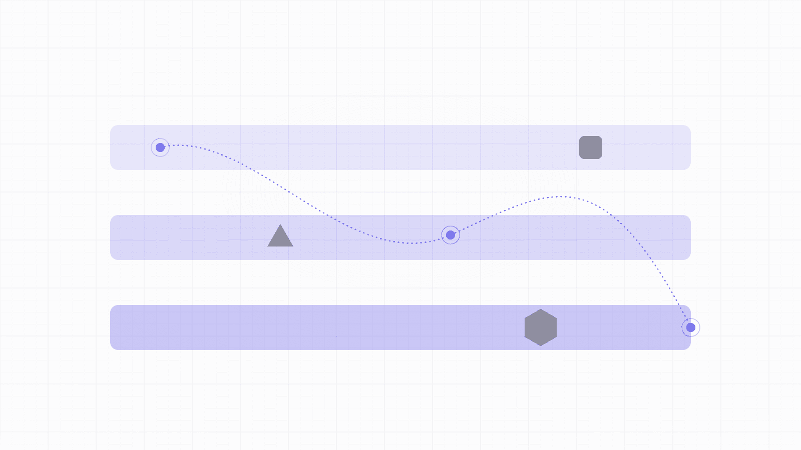 An abstract geometric banner of three horizontal layered bands threaded by a single dashed path, representing web, mobile, and infrastructure