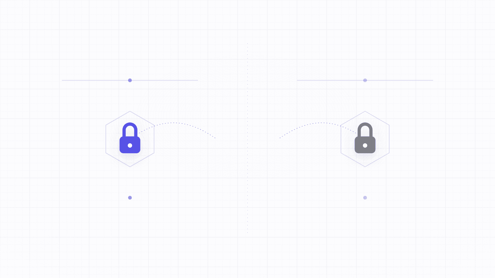An abstract geometric banner of two padlock icons facing each other across a dashed divider, one indigo and one gray