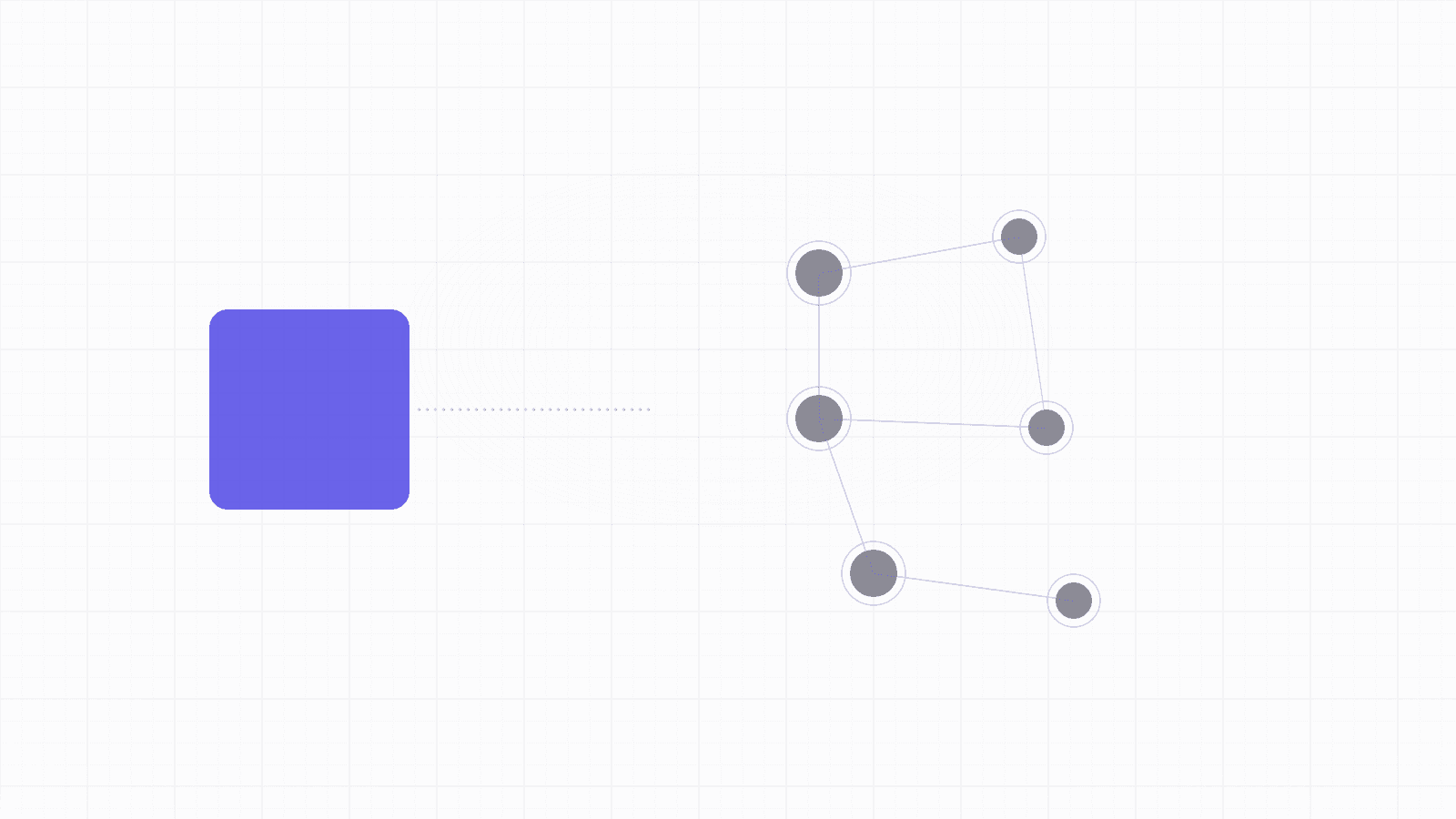 An abstract geometric banner of one large solid block decomposing into several smaller connected nodes