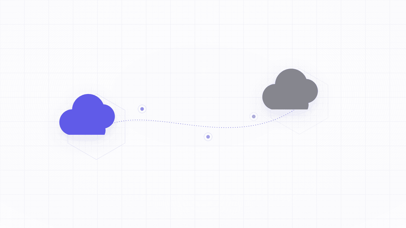 An abstract geometric banner of two cloud shapes, one indigo and one gray, connected by a dashed arcing path
