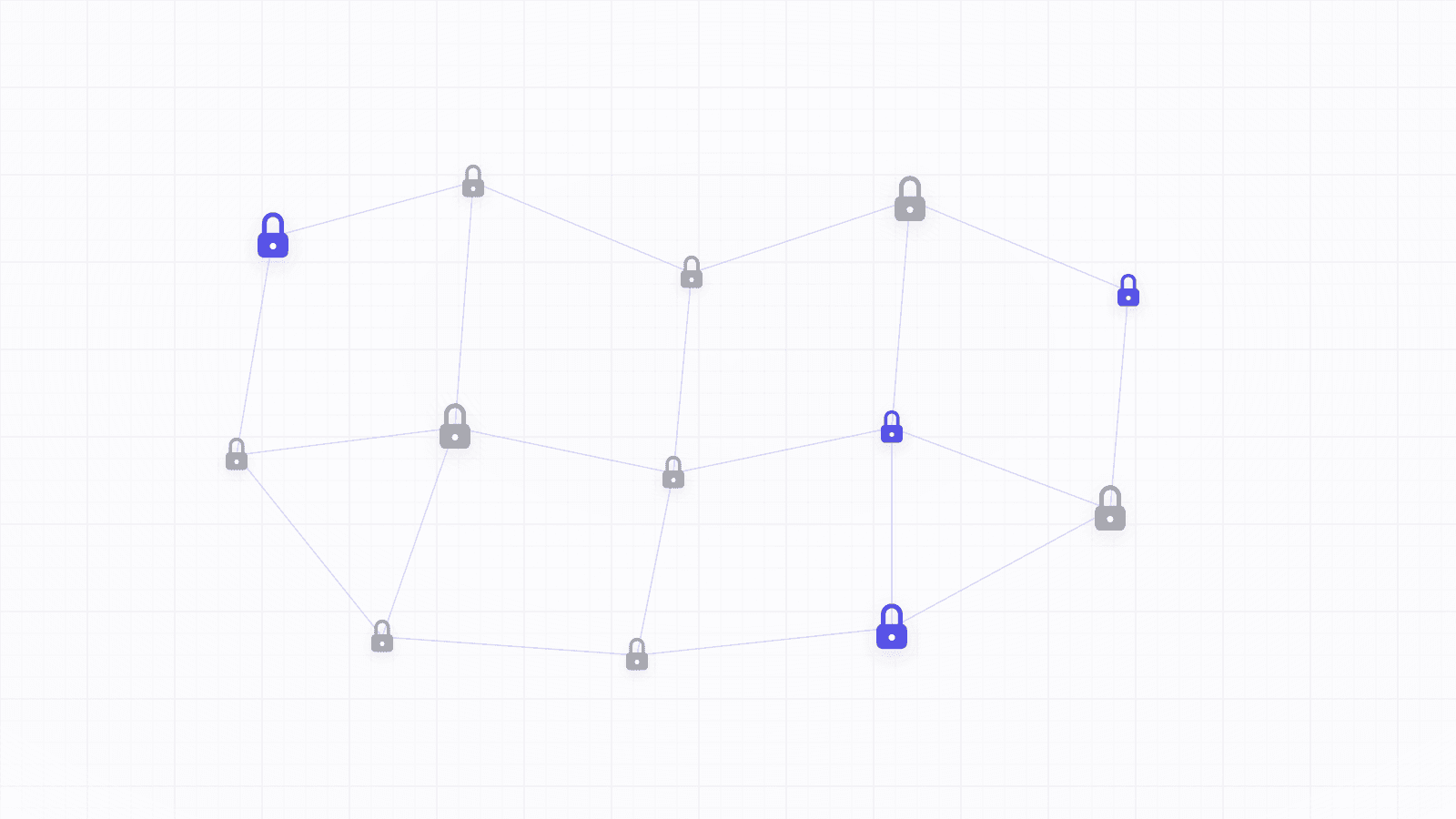 An abstract geometric banner of a dense mesh network of small padlock icons connected by thin lines, some highlighted in indigo
